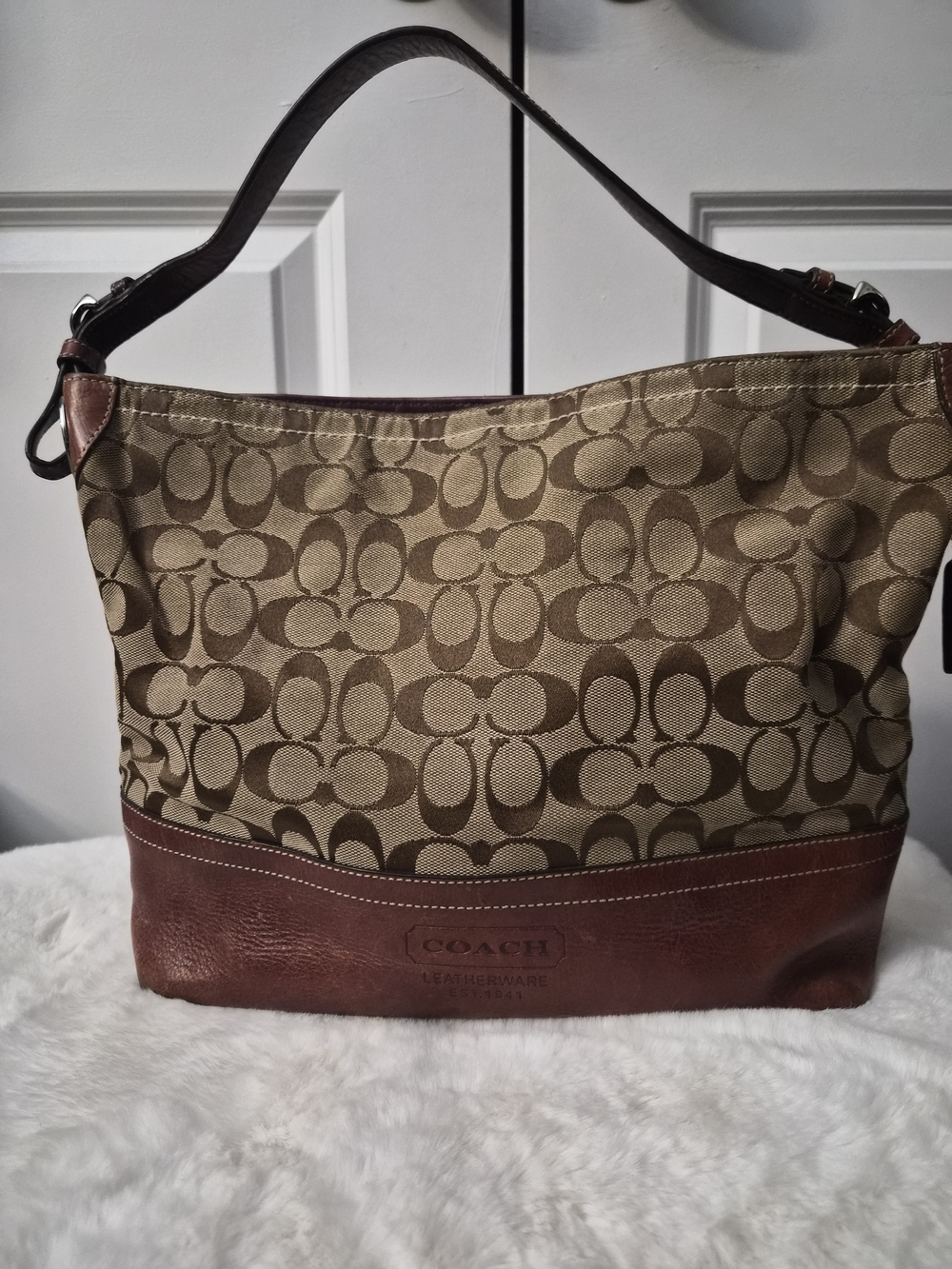 Coach Signature Canvas & Brown Leather Hobo Bag